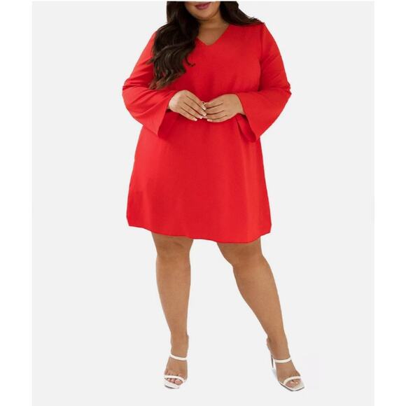 Maree Pour Toi Red Shift Dress Women’s Plus Size 26 Long Sleeve V-neck 3389 - Picture 3 of 14